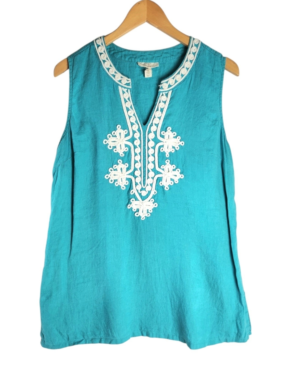 Charter Club Luxury 100% Linen Embroidered Sleeveless Tunic Top Teal Coastal Med - Picture 2 of 12
